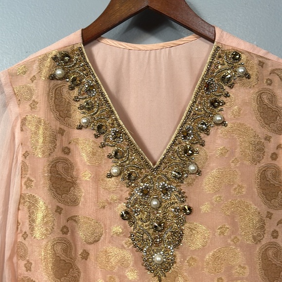 Light peach beaded v neck chiffon midi dress size small ethnic Indian - Picture 12 of 14